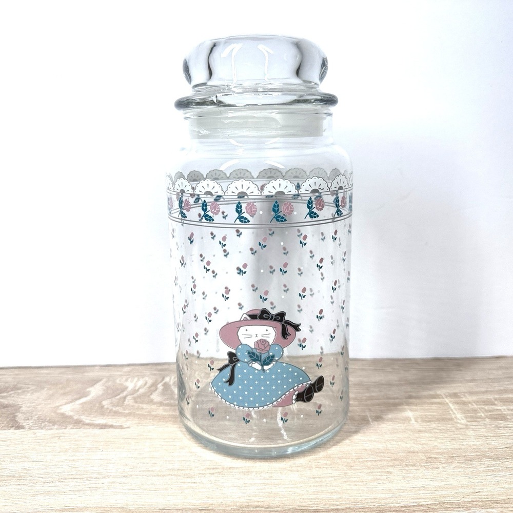 Victoriana Canister Cookie Jar 7" H Glass CHD Kitty Rose Lace 1988 Blue Pink